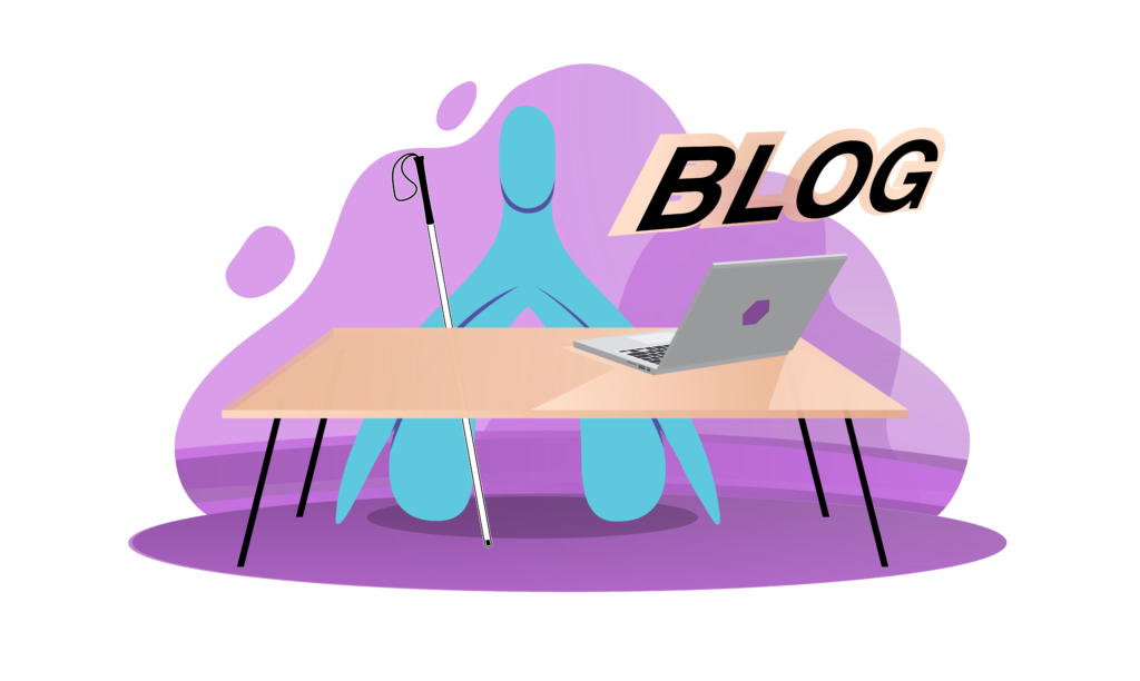 A blue clitoris at a desk with a laptop and a white cane, beneath the word Blog.