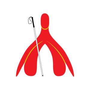 A red clitoris holding a long white cane.