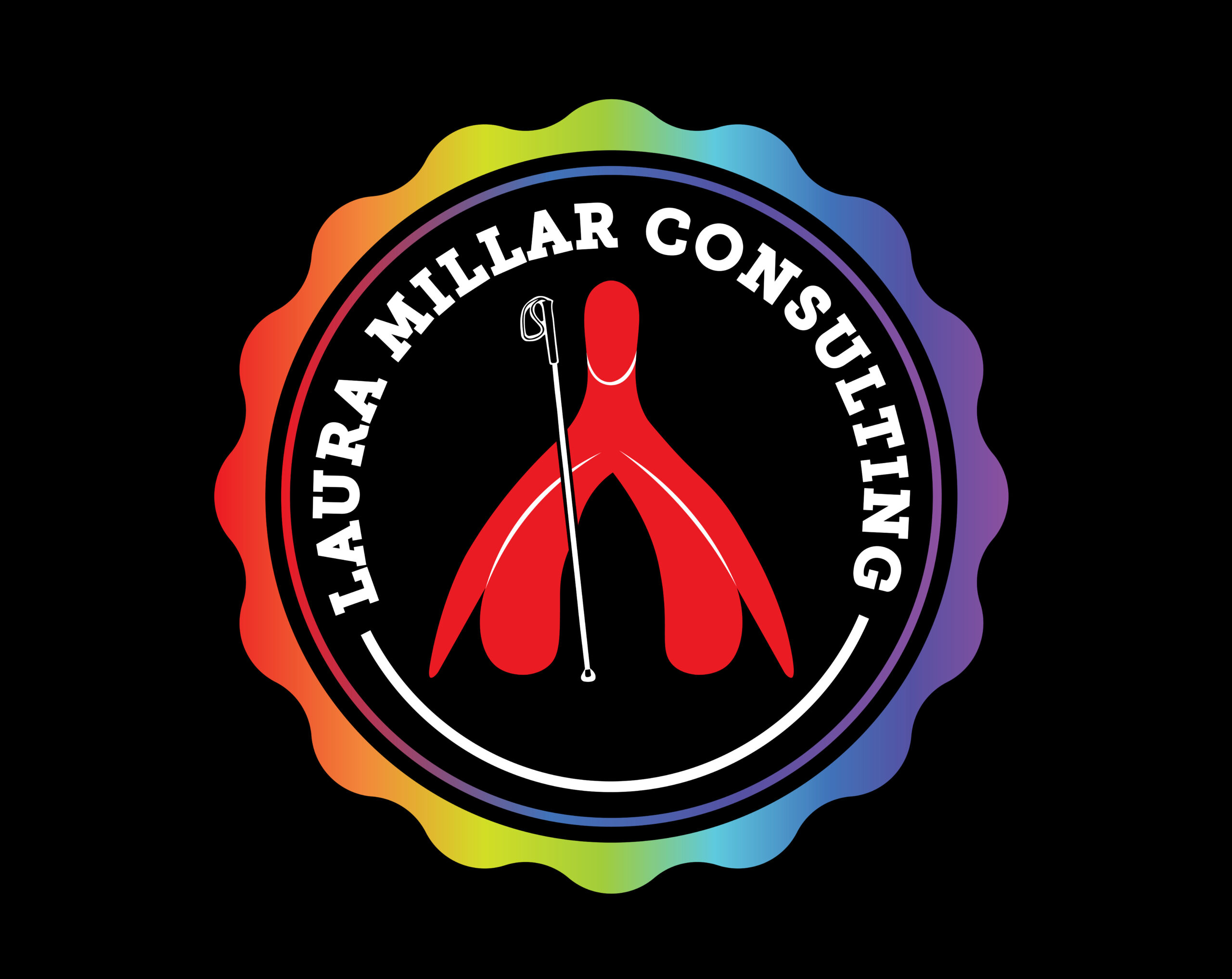 Circular logo for 'Laura Millar Consulting' on a black background. It includes a wavy rainbow border, white capital text at the top edge, and a red anatomically correct clitoris holding a long white cane for the blind is depicted in the center. To learn more about the appearance of an anatomically correct clitoris and why it serves as my logo, please see my FAQ page!