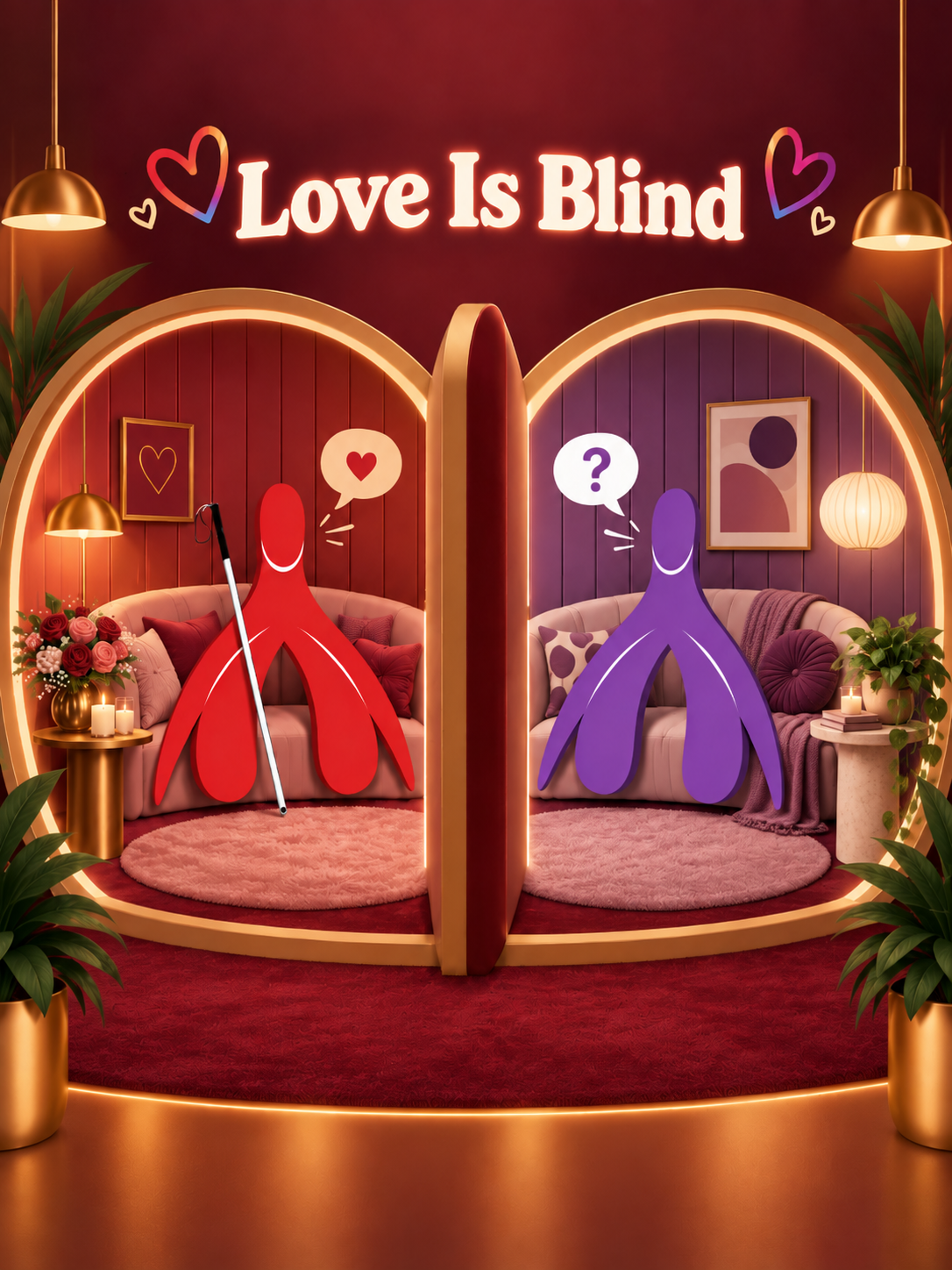 Love Is Blind poster: two clitoris characters in separate dating pods. A red character with a white cane has a heart speech bubble; a purple character has a question-mark bubble.