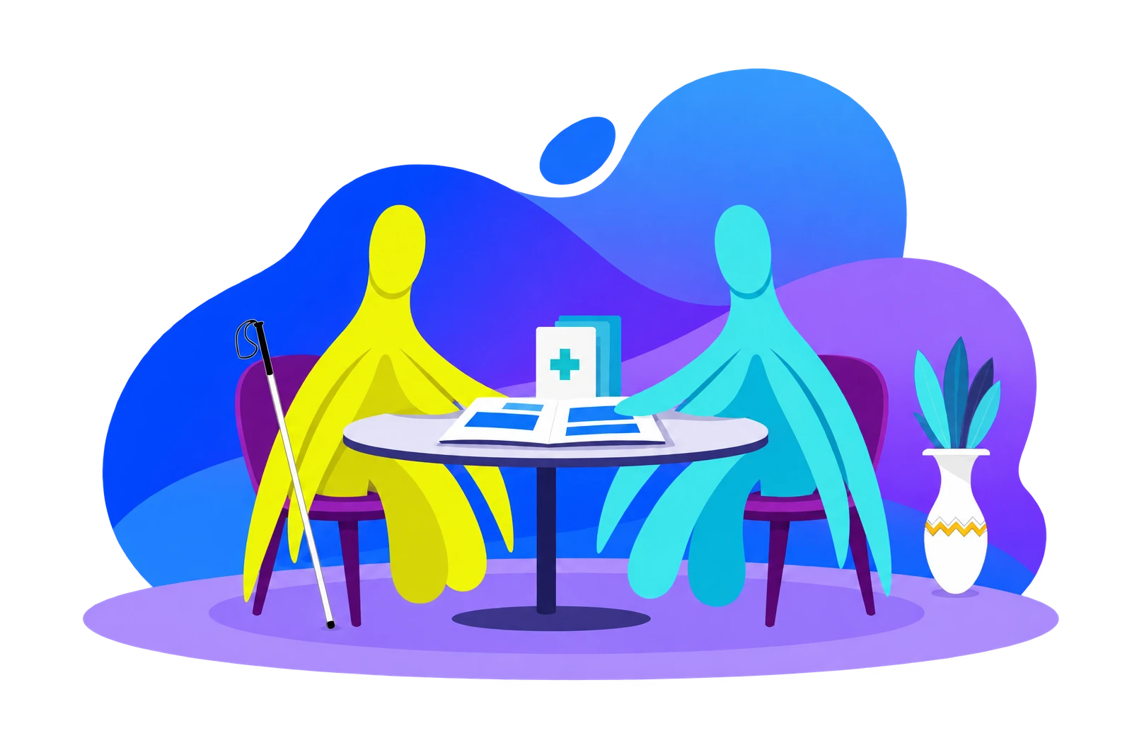 Two clitoris mascots sit at equal height across a table, reviewing information together. A white cane rests beside one participant.