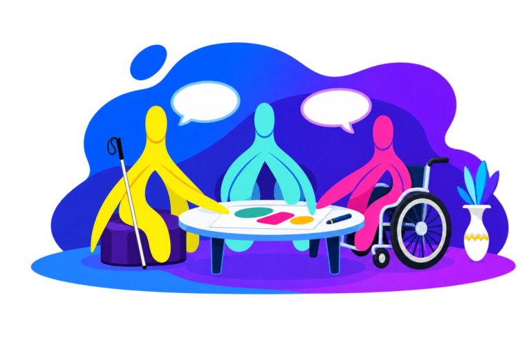 Three clitoris mascots, including a cane user and a wheelchair user, plan together around a table.
