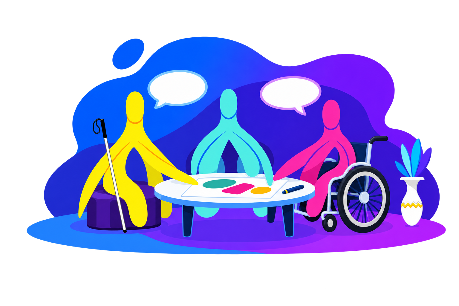 Three colorful clitoris mascots plan together around a table with papers and a pen. The yellow character has a white cane, the middle character is blue, and the pink character uses a wheelchair with a silver frame. Speech bubbles appear above them.