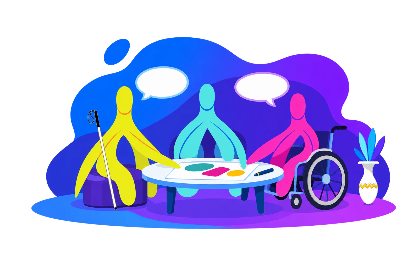 Three colorful clitoris mascots plan together around a table. One has a white cane, and another uses a wheelchair.