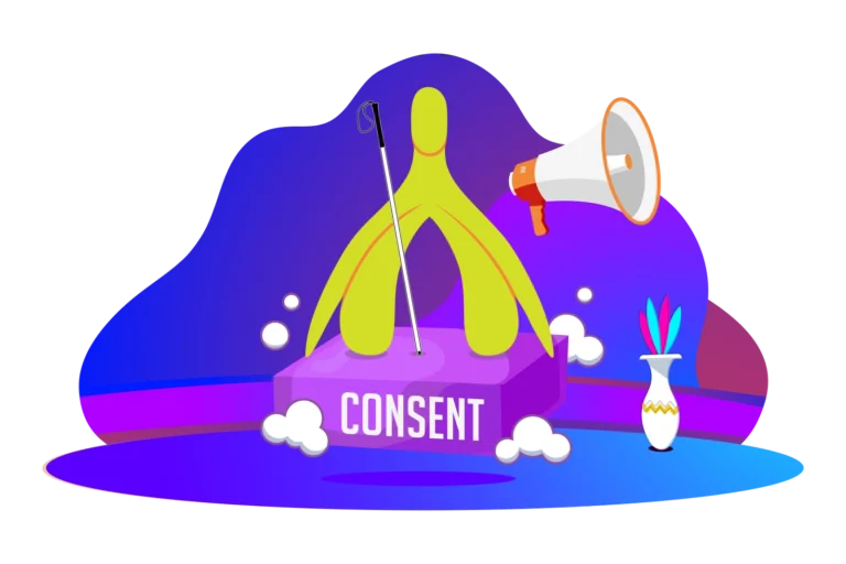A yellow clitoris mascot with a white cane and megaphone stands on a platform marked Consent.