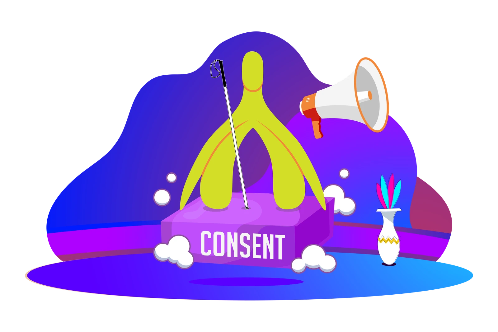 A yellow clitoris mascot with a white cane stands on a purple platform labeled Consent beside a megaphone.