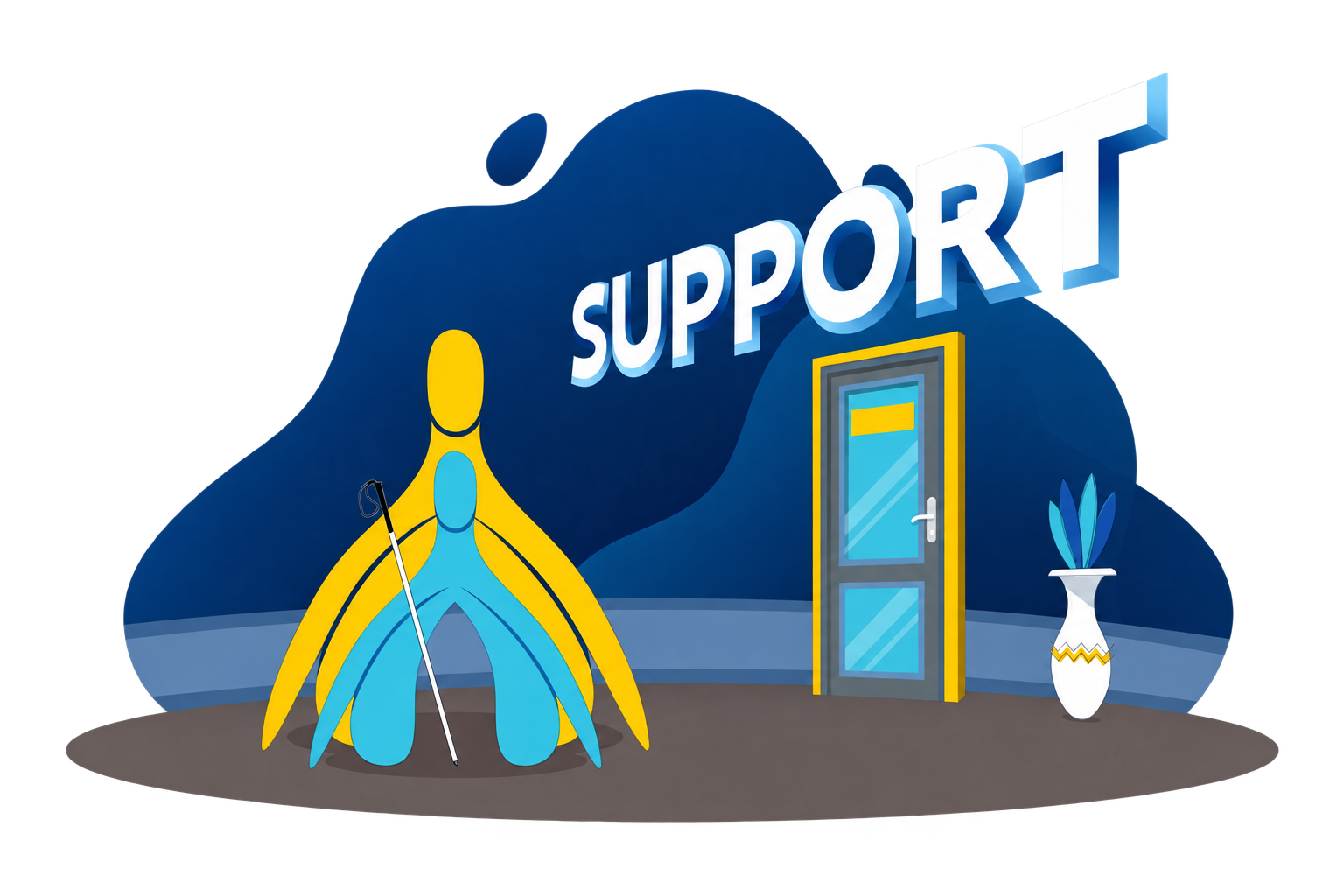A yellow clitoris mascot represents a grown-up accompanying a smaller blue young-person mascot with a white cane beside a doorway. The word Support appears above them against a dark blue background.