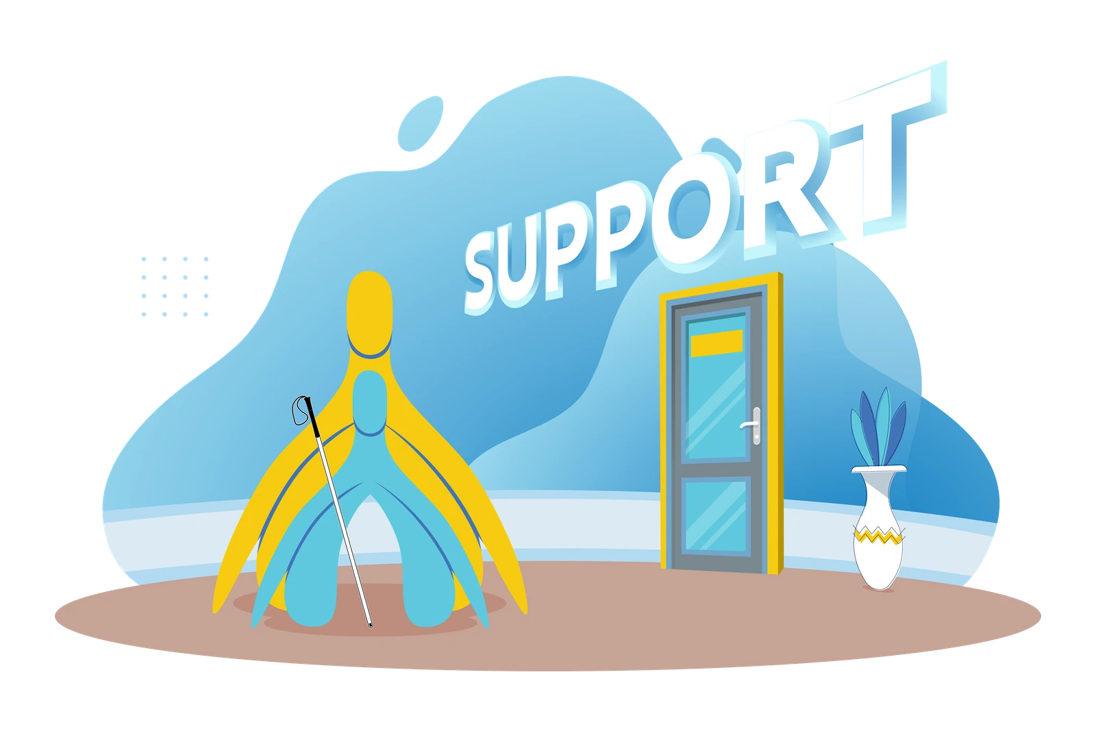 A yellow clitoris mascot stands behind a smaller blue mascot with a white cane beside a doorway beneath the word Support.