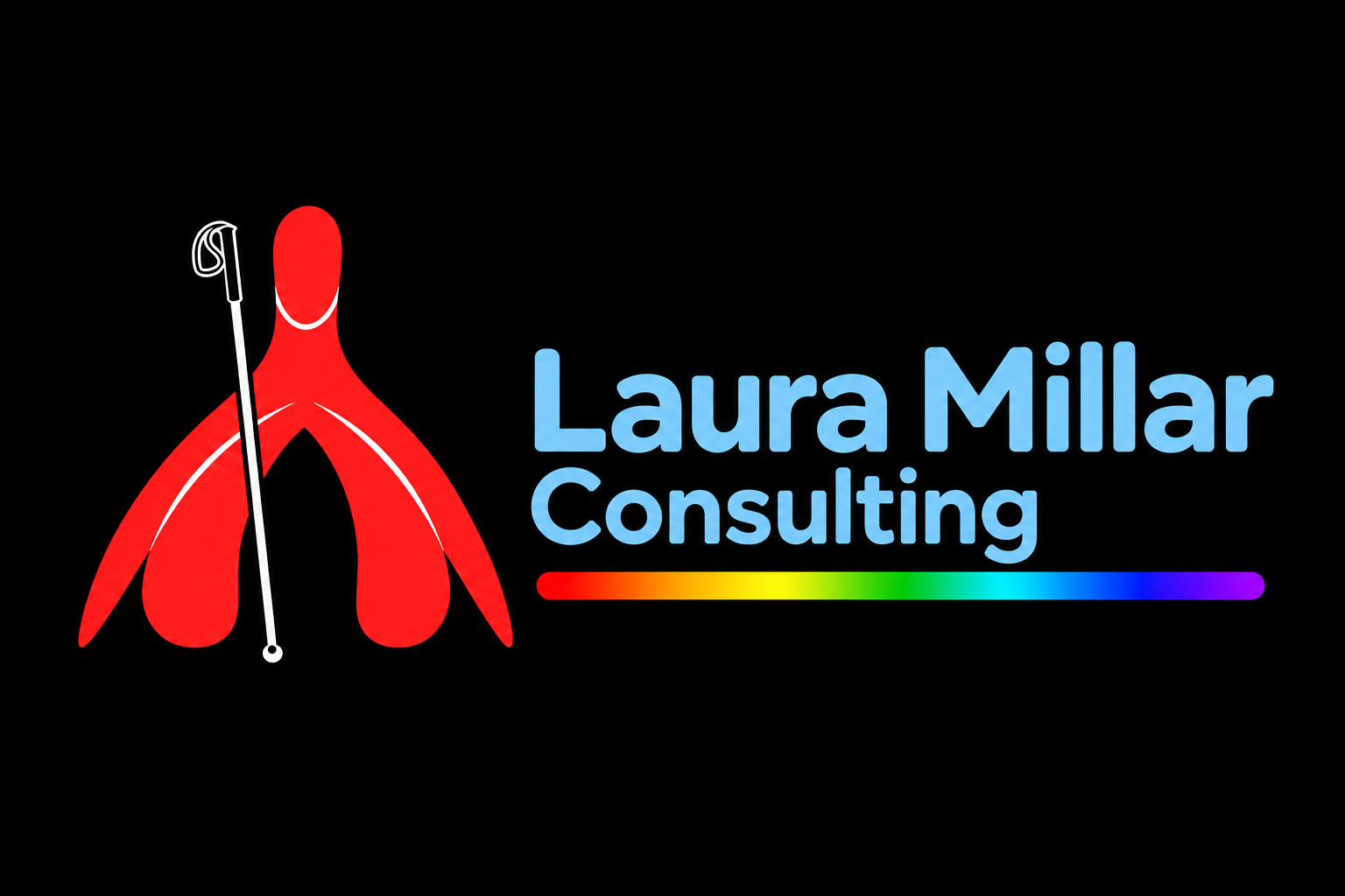Laura Millar Consulting: a red clitoris with a white cane, sky-blue lettering, and a straight rainbow underline.