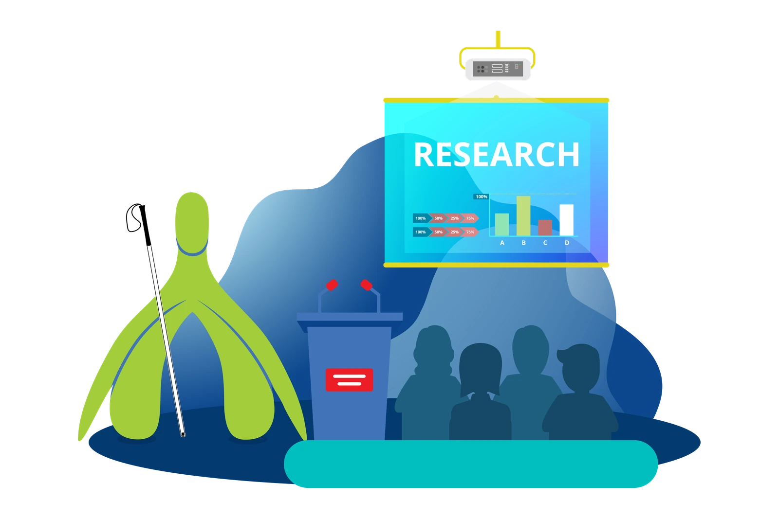 A green clitoris mascot with a white cane stands beside a lectern, an audience, and a screen labeled Research.