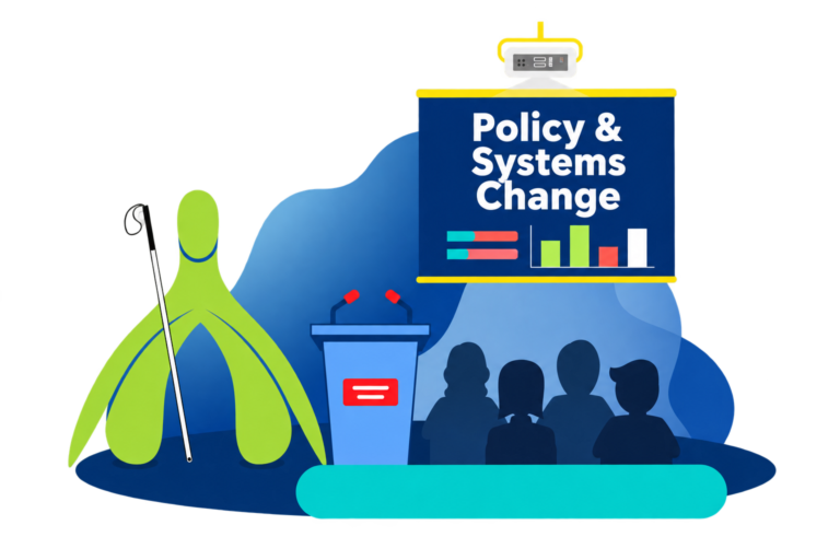 A green clitoris mascot with a white cane presents policy ideas beside a lectern.