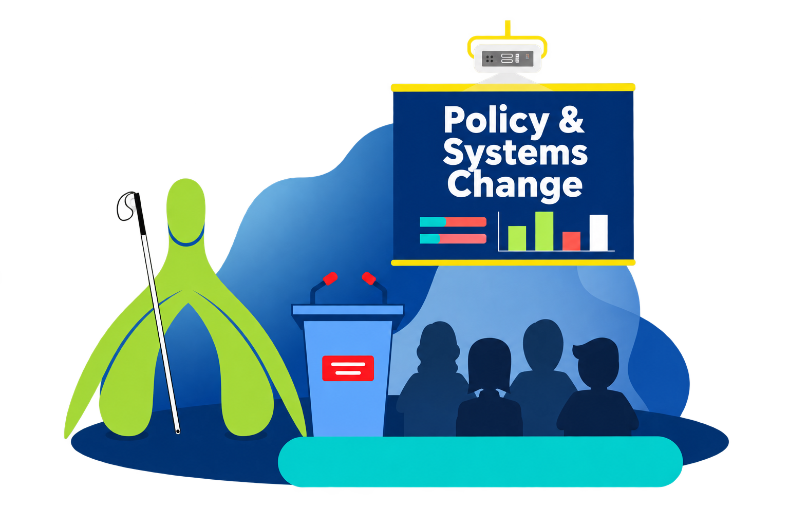 A green clitoris mascot with a white cane stands beside a blue lectern and four audience silhouettes. A dark blue presentation screen reads Policy & Systems Change above simple charts.